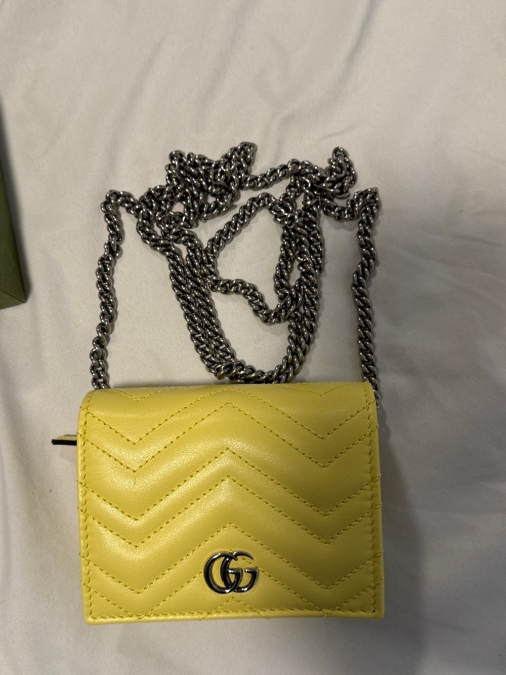 Authentic Gucci Yellow Chevron Quilted Leather Mini Crossbody Wallet with Chain